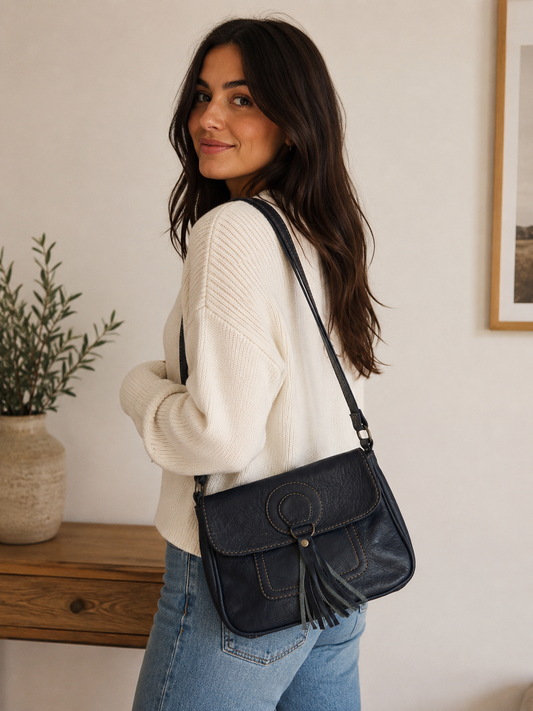 Genuine Leather Crossbody Bag with Tassel Detail