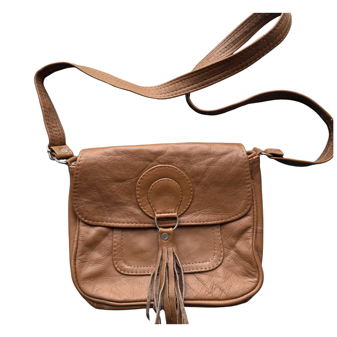 Genuine Leather Crossbody Bag with Tassel Detail