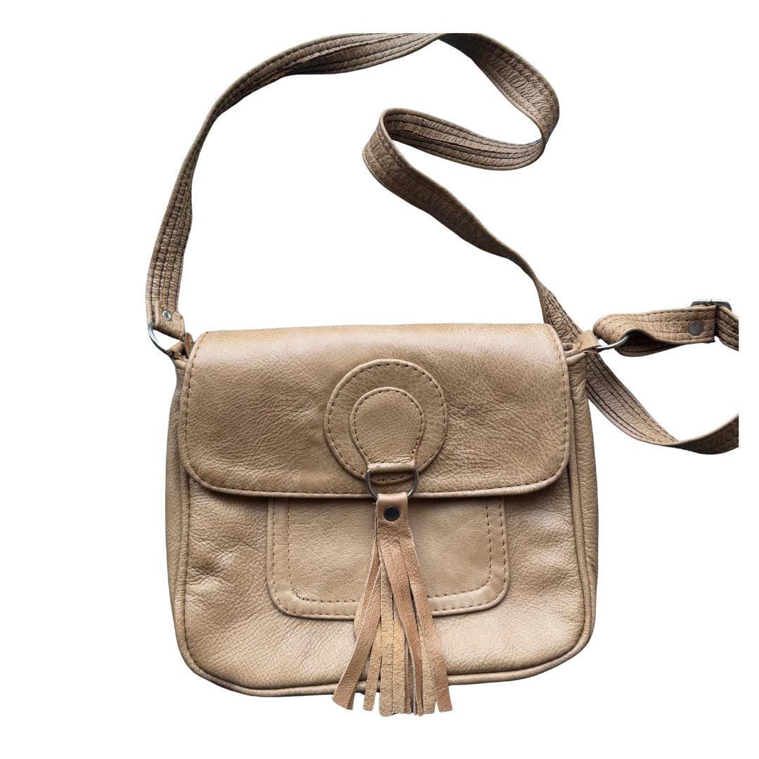 Genuine Leather Crossbody Bag with Tassel Detail
