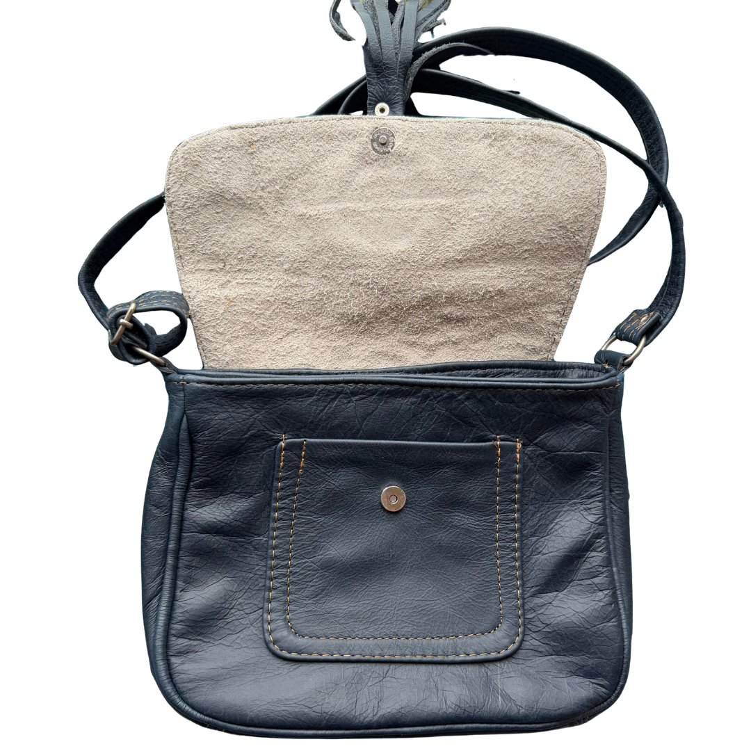Genuine Leather Crossbody Bag with Tassel Detail